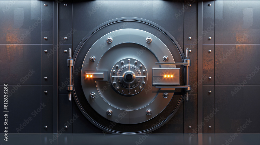 Bank vault door, closed. 3D Render Valuable storage room 3D Render