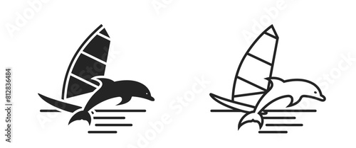 sea vacation flat and line icons. windsurfing and dolphin. summer and water activity symbols. isolated vector images for tourism design
