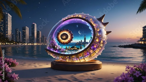 3d render of crystal ball on the beach with night city background