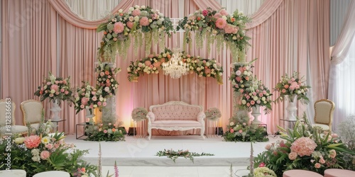 Wedding pink backdrop with chair aesthetic flower wreath pastel color decoration indoor white background