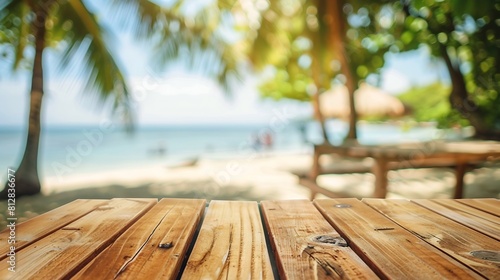 Wide Table top wooden bar on blurred beautiful beach scene background coconut leaf Breakfast product display mockup outside vacation summer day time Resort wood desk board on nature se : Generative AI © Generative AI