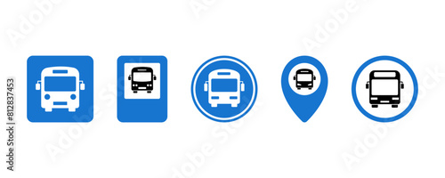 Set of blue bus stations vector icons. Public or urban bus stop.