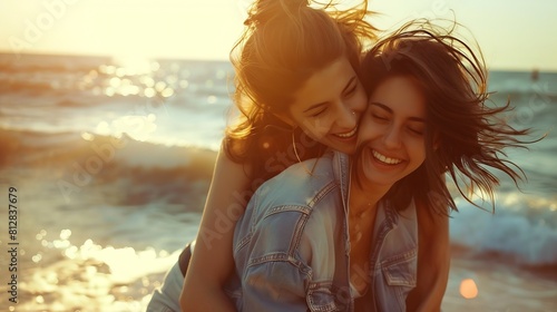 happy two young women having fun on the sunset beach queer nonbinary gender identity gay lesbian love romance boho summer vacation style wearing jeans : Generative AI