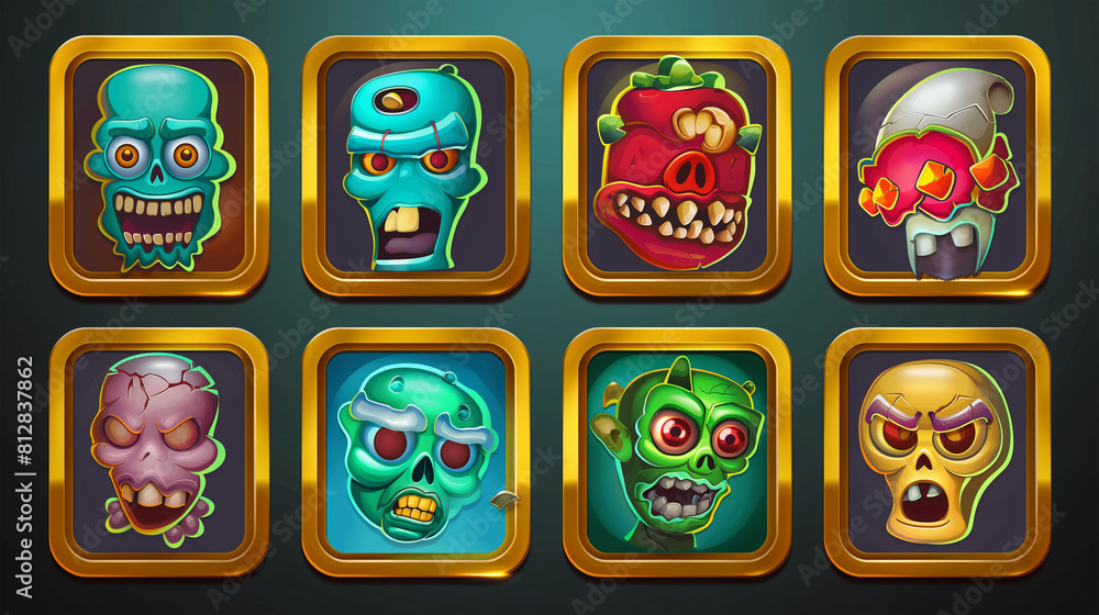 Zombie asset or Slot game icons on dark background, Illustration Zombie asset or Slot game icons on dark background, Illustration