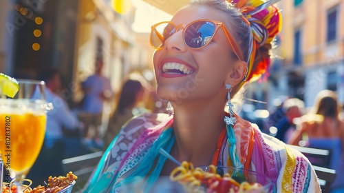 Woman eating italian pasta and drinking wine at restaurant on the street in Rome Concept of Italian gastronomy and travel Stylish woman with sunglasses and colorful hair shawl   Generative AI