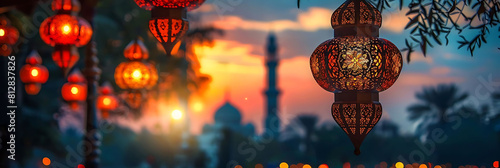 ramadan lantern nighttime scene featuring a red lantern hanging from a tree against a blue sky © YOGI C