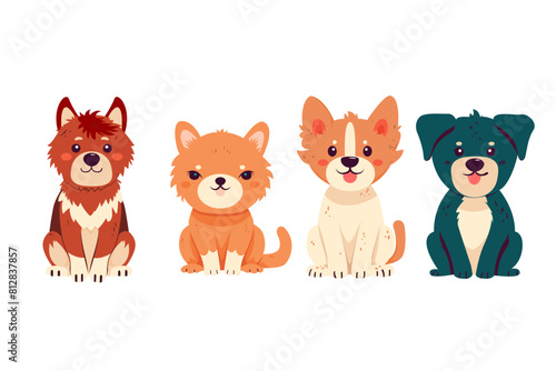 Set of vector illustrations of cute and funny pets in flat style. Various breeds of dogs and cats in a sitting position, isolated on a white background. Pets