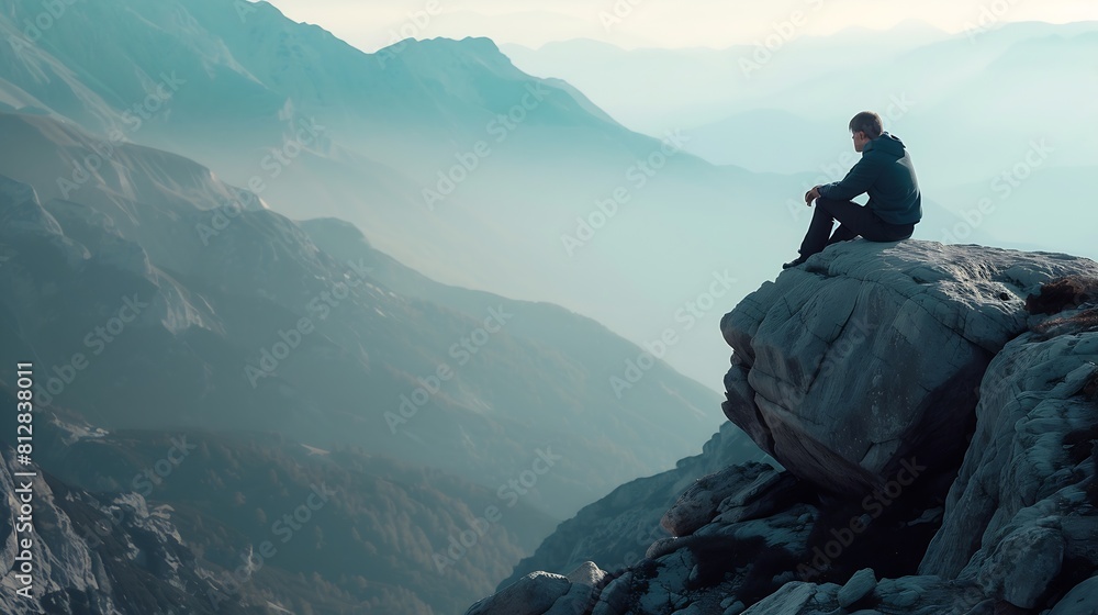 Time for solitude alone in the mountains a guy traveling alone mountain climbing a man sitting on a rock in the mountains resting on a halt on a hike High quality photo : Generative AI Time for solitude alone in the mountains a guy traveling alone mountain climbing a man sitting on a rock in the mountains resting on a halt on a hike High quality photo : Generative AI