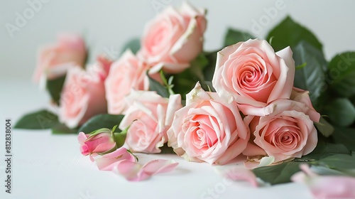 Bouquet of pink roses arranged elegantly on a white table  their soft petals creating a sense of tranquility and serenity.