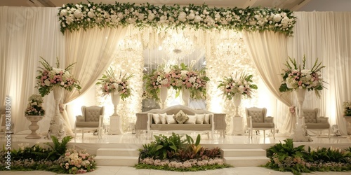 Wedding backdrop with chair aesthetic flower wreath pastel color decoration indoor white background