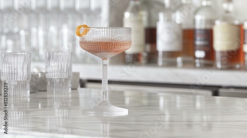 Elegant Negroni Sbagliato setup with a twist of orange peel, showcasing the cocktail's rich, amber hue against a backdrop of sparkling prosecco, served in a classic stemmed glass on a marble bar top photo