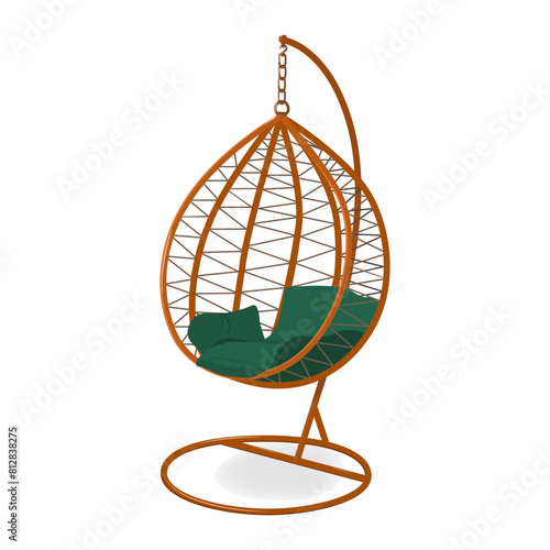 Rattan wicker cocoon garden swing chair hanged on frame isolated on white background.