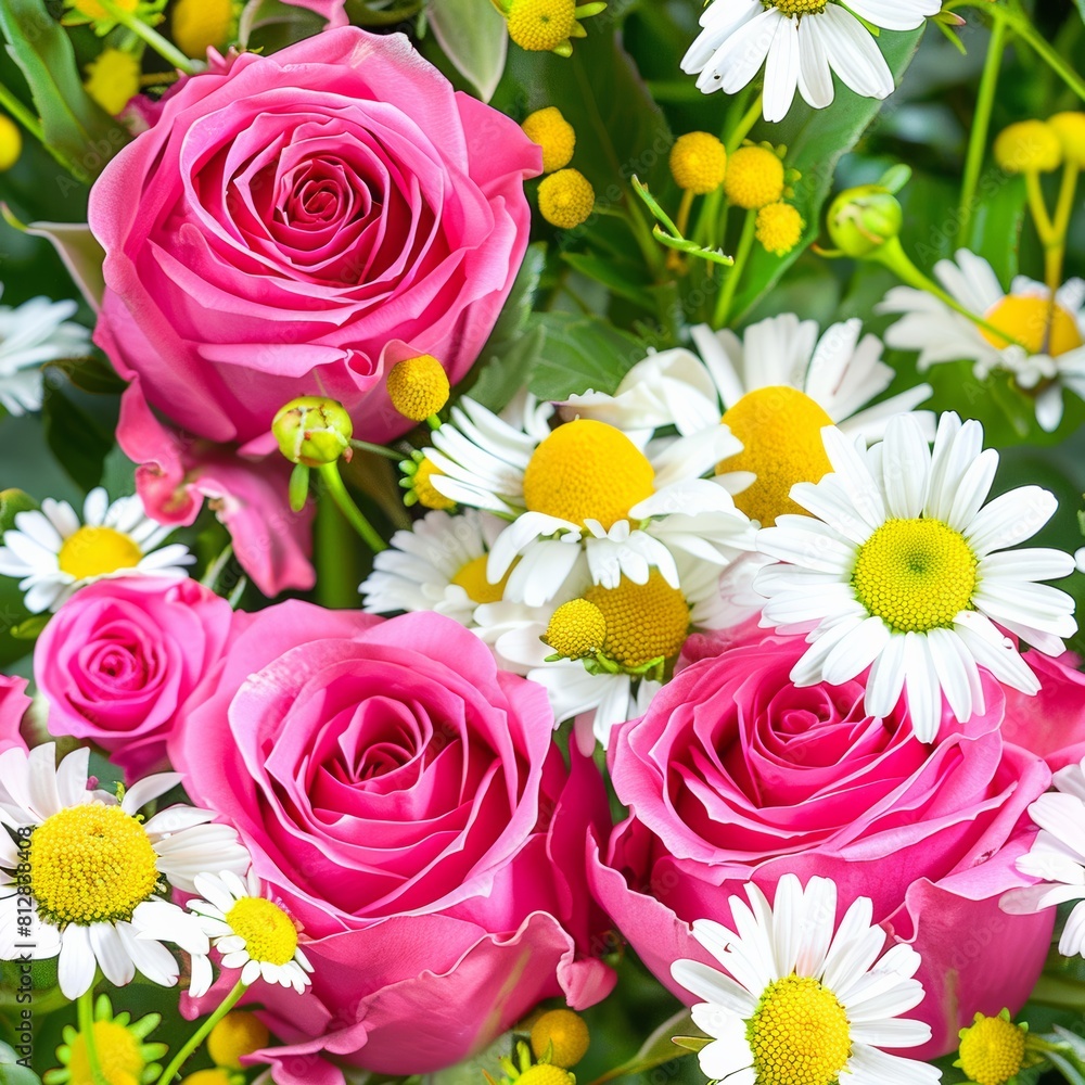 Fototapeta premium Bouquet of Pink Roses and White Daisies