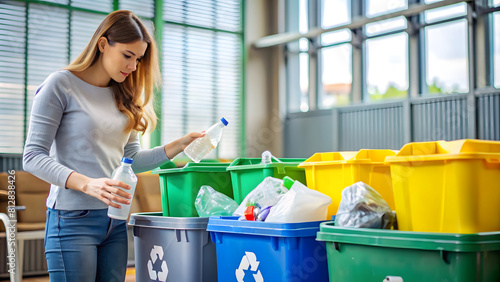 Waste Sorting: Woman Recycling Materials for Resource Conservation. Perfect for: Earth Day, Sustainability Awareness Week, waste management, resource conservation, environmental responsibility.