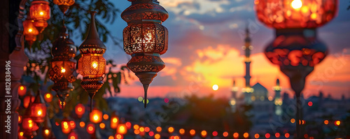 ramadan lantern ornamentations on the background of the city photo