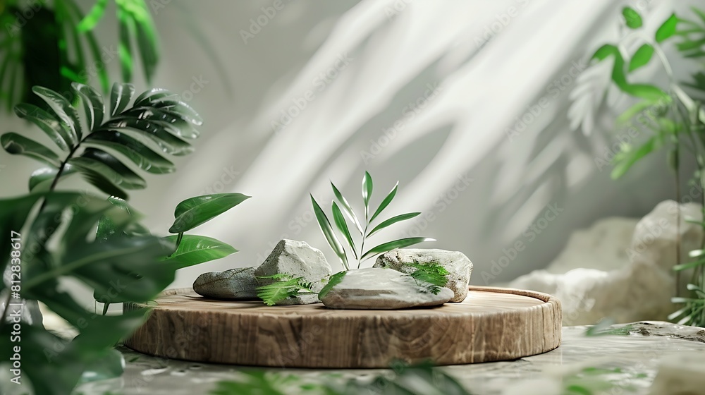 Wood podium with green leaves and natural stones Abstract podium for organic cosmetic products Natural stand for presentation and exhibitions Front view : Generative AI Wood podium with green leaves and natural stones Abstract podium for organic cosmetic products Natural stand for presentation and exhibitions Front view : Generative AI