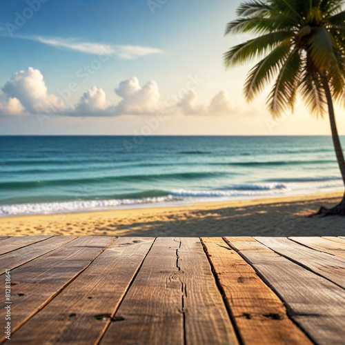 Empty wooden planks with blur beach on background  can be used for product placement  palm leaves on foreground