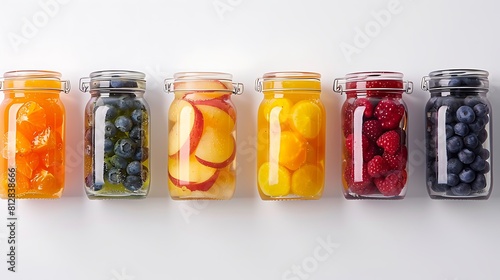Clear glass jars containing homemade preserves, showcasing vibrant fruits against a clean white backdrop.
