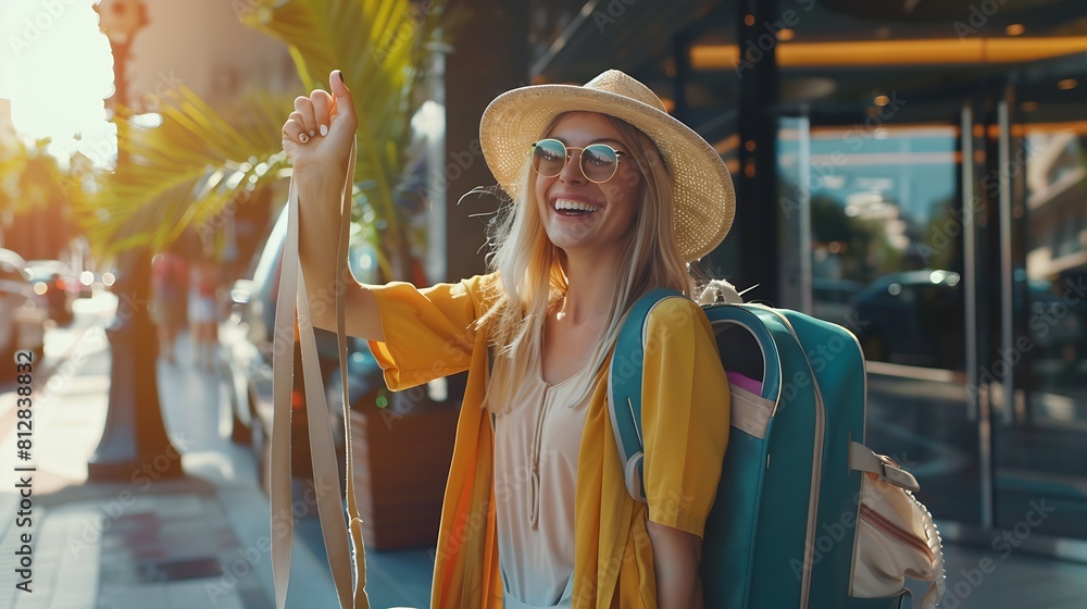 Obraz premium Smiling tourist woman hailing for a taxi while standing with her travelling bags outside a hotel Happy female traveller leaving a luxury hotel after a fun summer vacation : Generative AI
