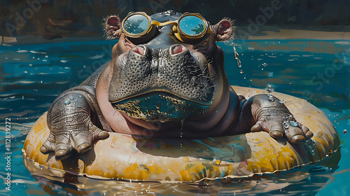 A relaxed hippo floats in a swimming pool, lounging comfortably within an inflatable ring, epitomizing leisure and tranquility amidst playful aquatic surroundings