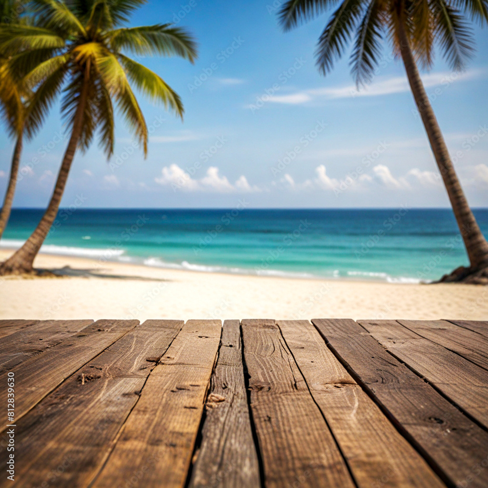 Fototapeta premium Empty wooden planks with blur beach on background, can be used for product placement, palm leaves on foreground