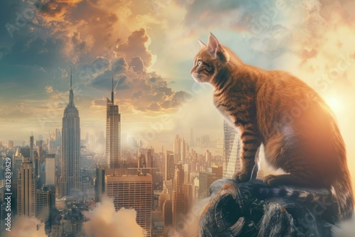 Serene tabby cat sits atop a high vantage point, surveying a goldenhued city skyline photo