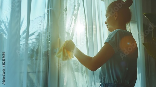Woman manually washes the window of the house with a rag with spray cleaner and mop inside the interior with white curtains Restoring order and cleanliness in the spring cleaning servi : Generative AI photo