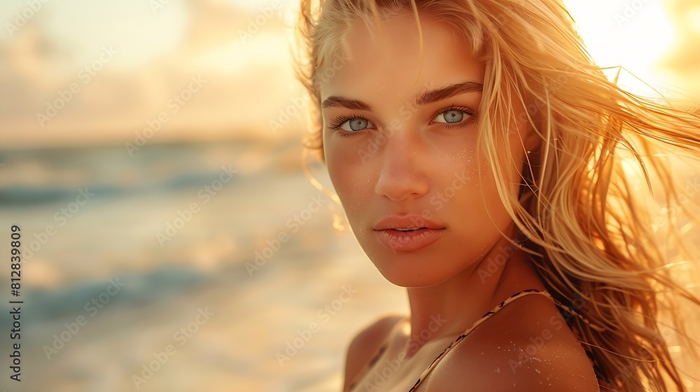 Close up portrait of beautiful blond woman in sexy swimwear posing on the beach in sunset light Prtfect wavy hairs tan skim body Summer tropical mood : Generative AI Close up portrait of beautiful blond woman in sexy swimwear posing on the beach in sunset light Prtfect wavy hairs tan skim body Summer tropical mood : Generative AI