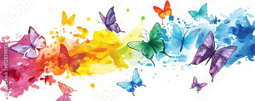 butterfly background. Background of delicate rainbow, multi-colored watercolor butterflies with copy space. banner, advertising, photo