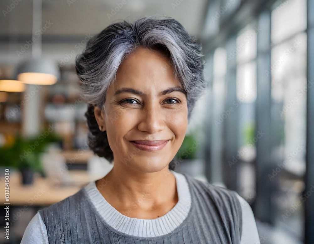Portrait of a middle-aged waitress with grey hair in an elegant café with large windows. Portrait of a middle-aged waitress with grey hair in an elegant café with large windows.