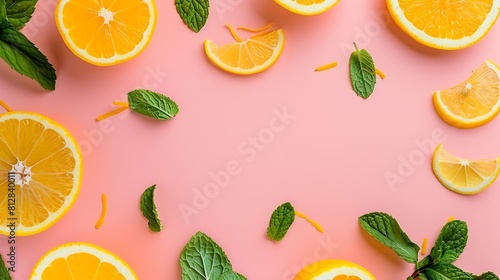Citrus slices and mint herbs frame on retro pastel pink background with copyspace from above Top view of lemon and orange frame design banner   Generative AI