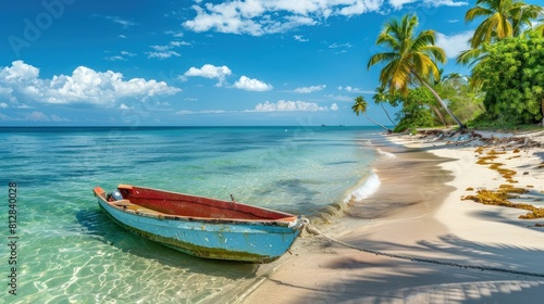 Exotic coast of the Dominican Republic with beautiful beach with moored fishing boat AI generated photo