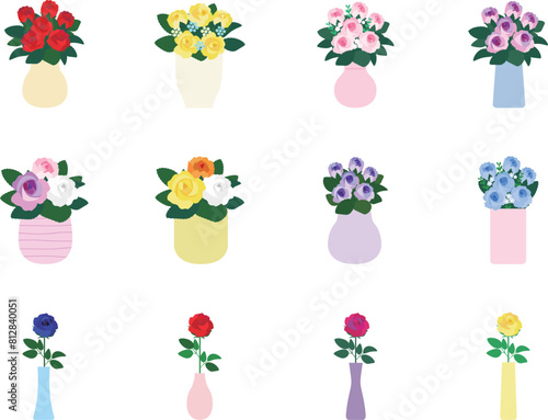 花瓶に入ったバラのイラストセット