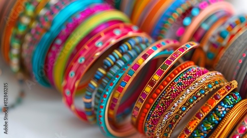 Colorful bangles artistically arranged against a white backdrop, adding a pop of vibrancy to the scene. photo