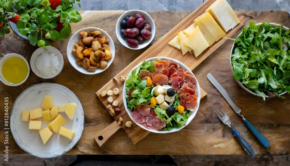 Zenith view of a large wooden table with a long board with cheese, cold cuts and dried fruit. At the side two bowls with salad, dates and cutlery. Zenith view of a large wooden table with a long board with cheese, cold cuts and dried fruit. At the side two bowls with salad, dates and cutlery.