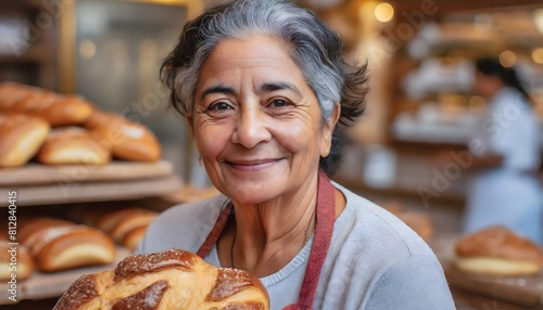 Close-up of a smiling, grey-haired old baker working in her bakery.