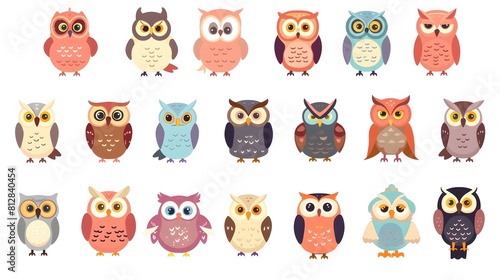 Vibrant Collection of Stylized Cartoon Owl in Variety of Colors and Designs