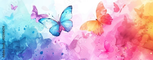 butterfly background. Background of delicate rainbow, multi-colored watercolor butterflies with copy space. banner, advertising,