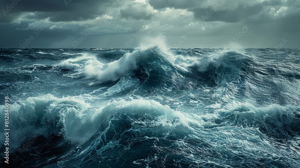Stormy ocean waves in front view, emphasizing the powerful nature forces Cybernetic tone, Monochromatic Color Scheme Stormy ocean waves in front view, emphasizing the powerful nature forces Cybernetic tone, Monochromatic Color Scheme