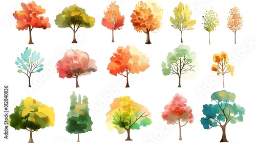 Vibrant Autumn Trees in Diverse Watercolor Styles Depicting Natural Scenes