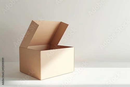 An opened empty cartoon box positioned diagonally providing a view into the box  against a stark white background