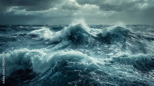Stormy ocean waves in front view, emphasizing the powerful nature forces Cybernetic tone, Monochromatic Color Scheme photo