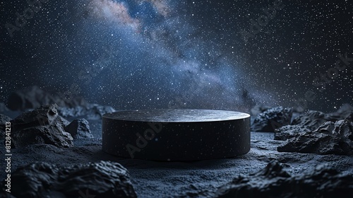 Black pumice podium on a backdrop of a starlit night sky, suitable for showcasing products in an otherworldly, cosmic setting photo