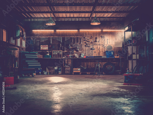 Workshop scene. Old tools hanging on wall in workshop, Tool shelf against a table and wall, vintage garage style