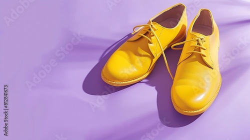 On a purple background one on one is a pair of stylish womens yellow leather shoes with laces Seasonal sales promotions discounts on shoes Proper care of leather shoesSports shoesColor : Generative AI photo