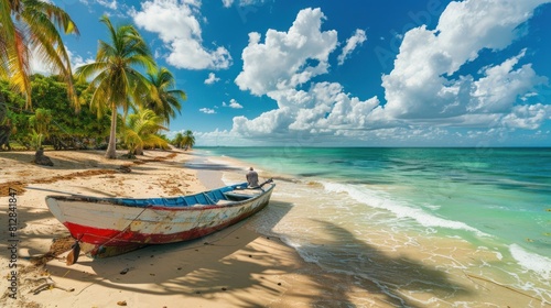 Exotic coast of the Dominican Republic with beautiful beach with moored fishing boat AI generated