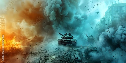 Intense battle scene with tanks smoke fire and military action in city. Concept Military Action, Battle Scene, Tanks, City Warfare, Intense Combat photo