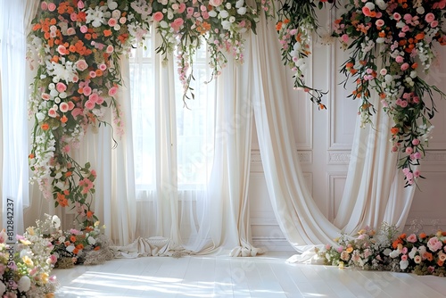 luxurious white room for wedding background with bouquet flora generative AI