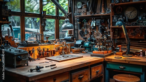 A workshop filled with a wide array of tools hanging neatly on walls and displayed on shelves, ready for use