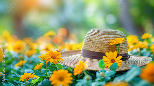 Summer vacation. Straw hat nestled among vivid yellow flowers captures essence of local summer adventures and sustainable travel, emphasizing leisure and connection with nature